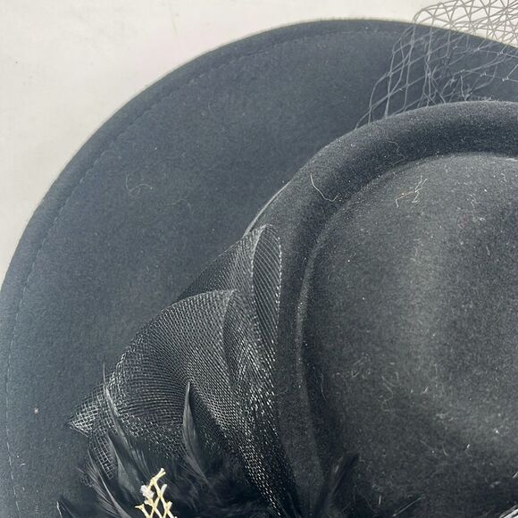 Black Wool Women's Formal Hat with Netting & Feathers - Picture 8 of 8